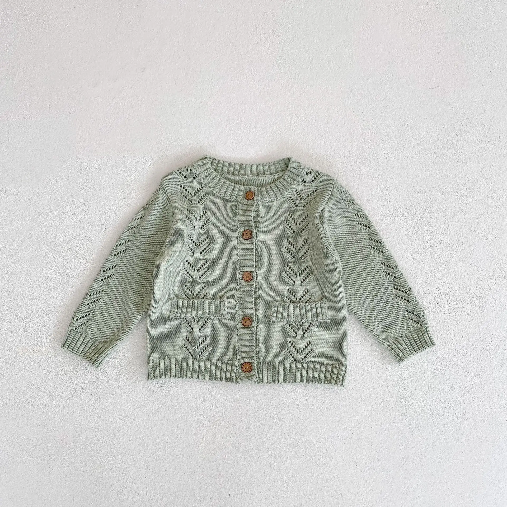 Instagram Spring and Autumn Wear 0-3 Year Old Baby Sweater New Fashion Item Solid Color Sweater Versatile Cardigan Hollow Knitte