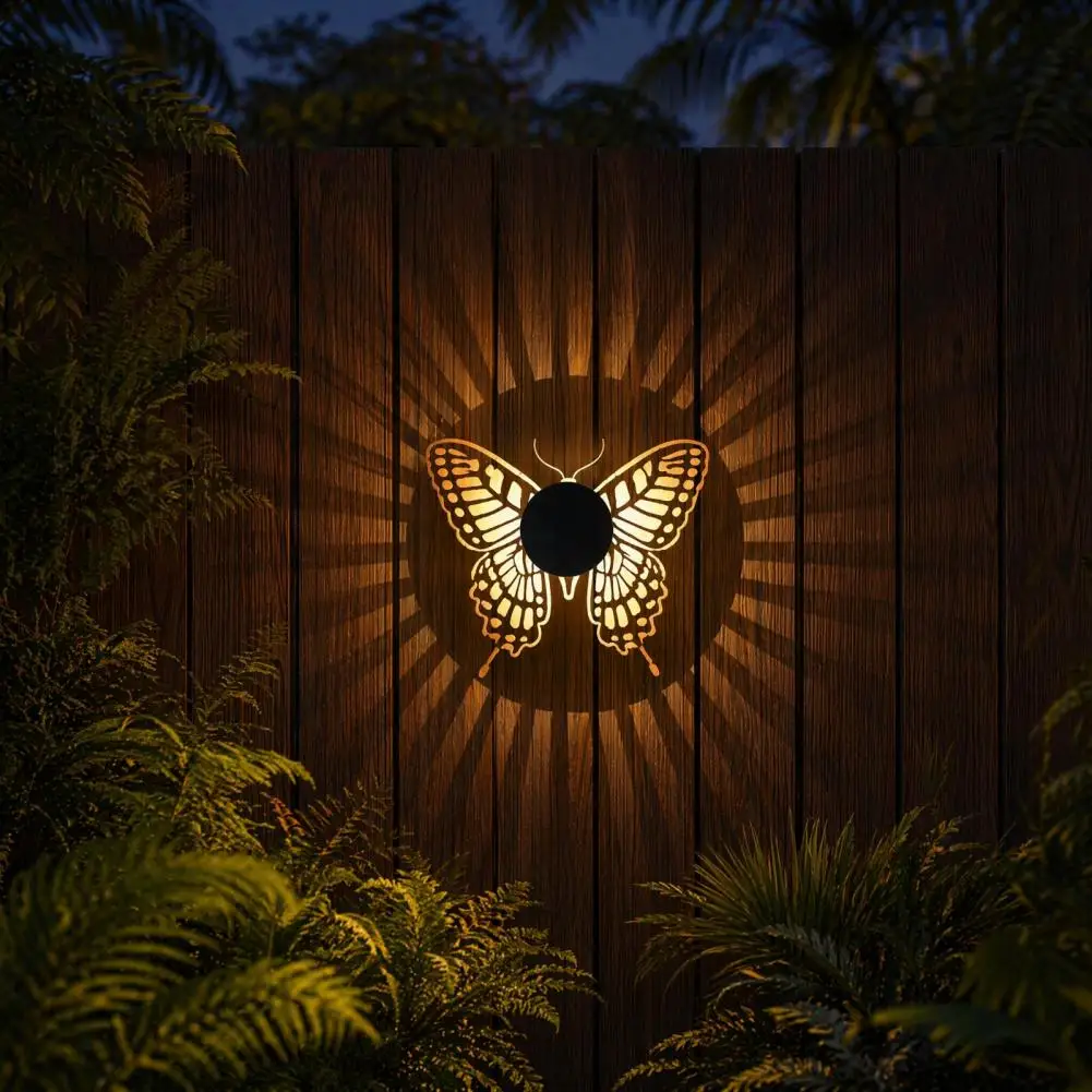 Night Garden Lights Solar Wall Light with Butterfly Pattern Seven Color Changing Projection Lamp Waterproof Metal for Garden