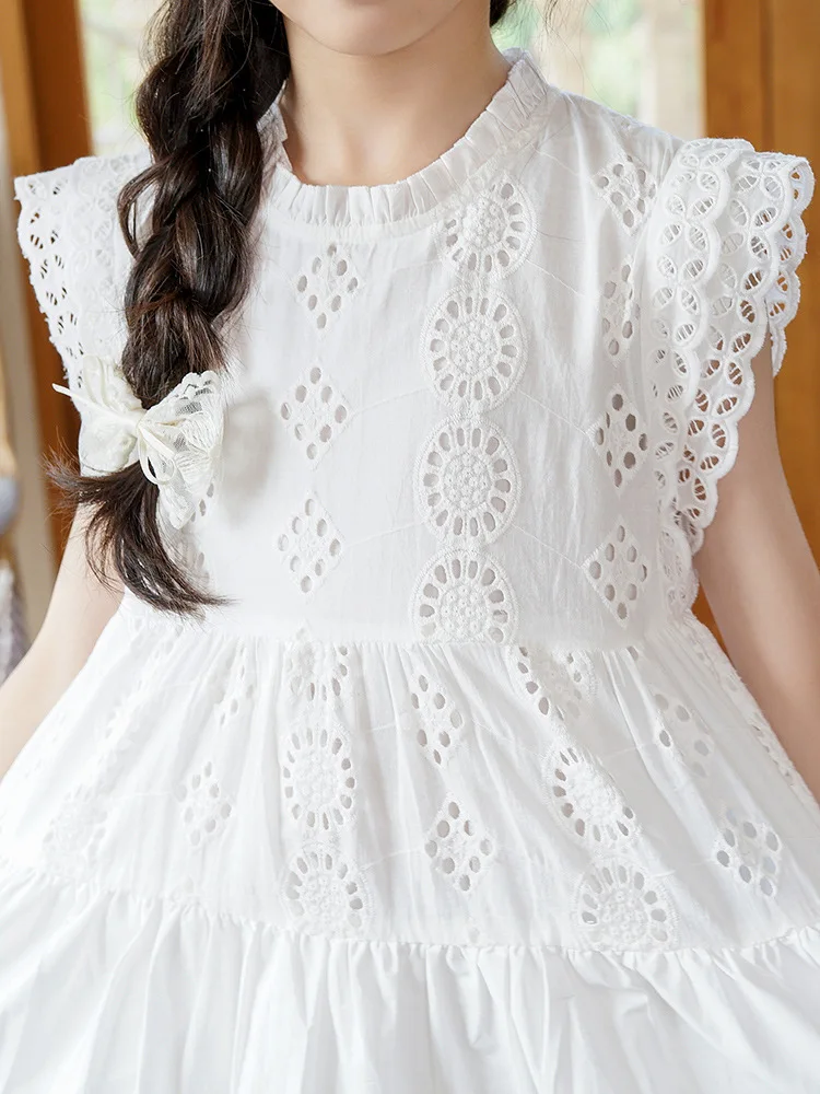 2026 Kid Girl Dress Princess Costume White Hollow Out Lace Dress Casual Baby Girls Clothes Fashion Summer Party Wedding Dresses