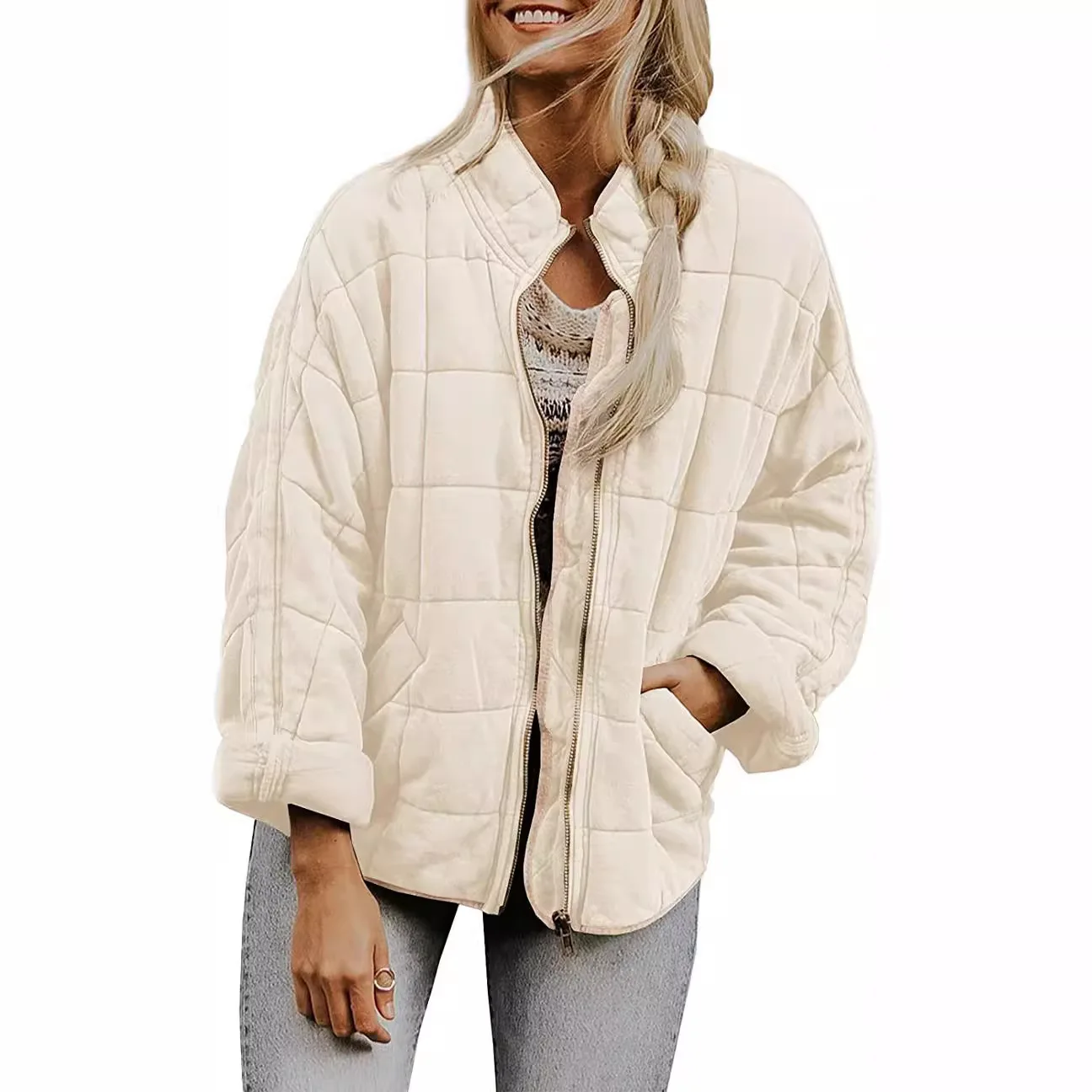 Quilted Coats Women Solid Stand Up Collar Loose Pocket Long Sleeved Cotton Jacket Autumn Winter Fashionable Daily Warm Overwear