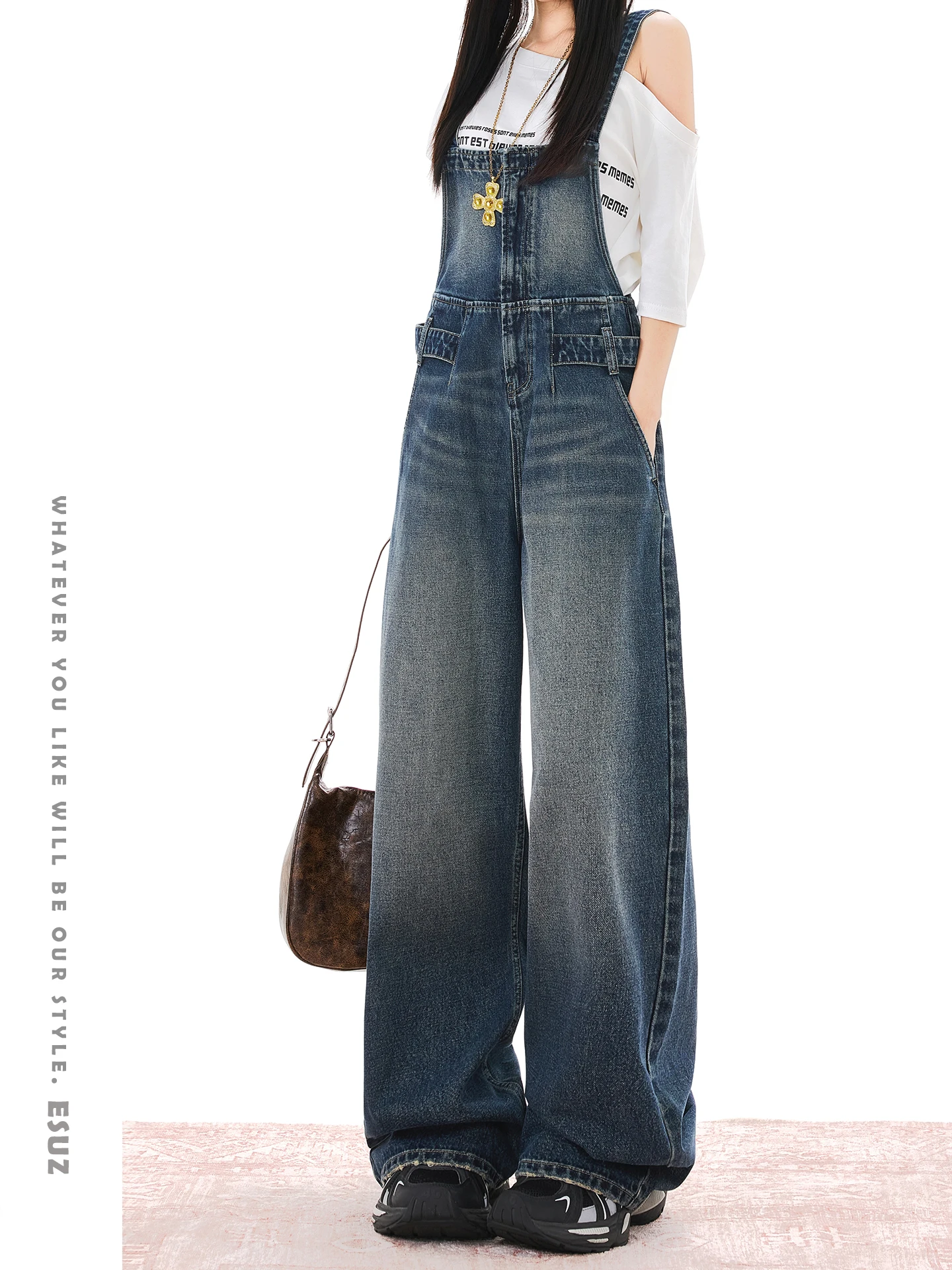 

Американский ретро-комбинезон из денима для женщин, летний, новый, маленький размер, универсальный, свободный крой, с широкими штанинами, на бретелях, с высокой талией, из смесового хлопка