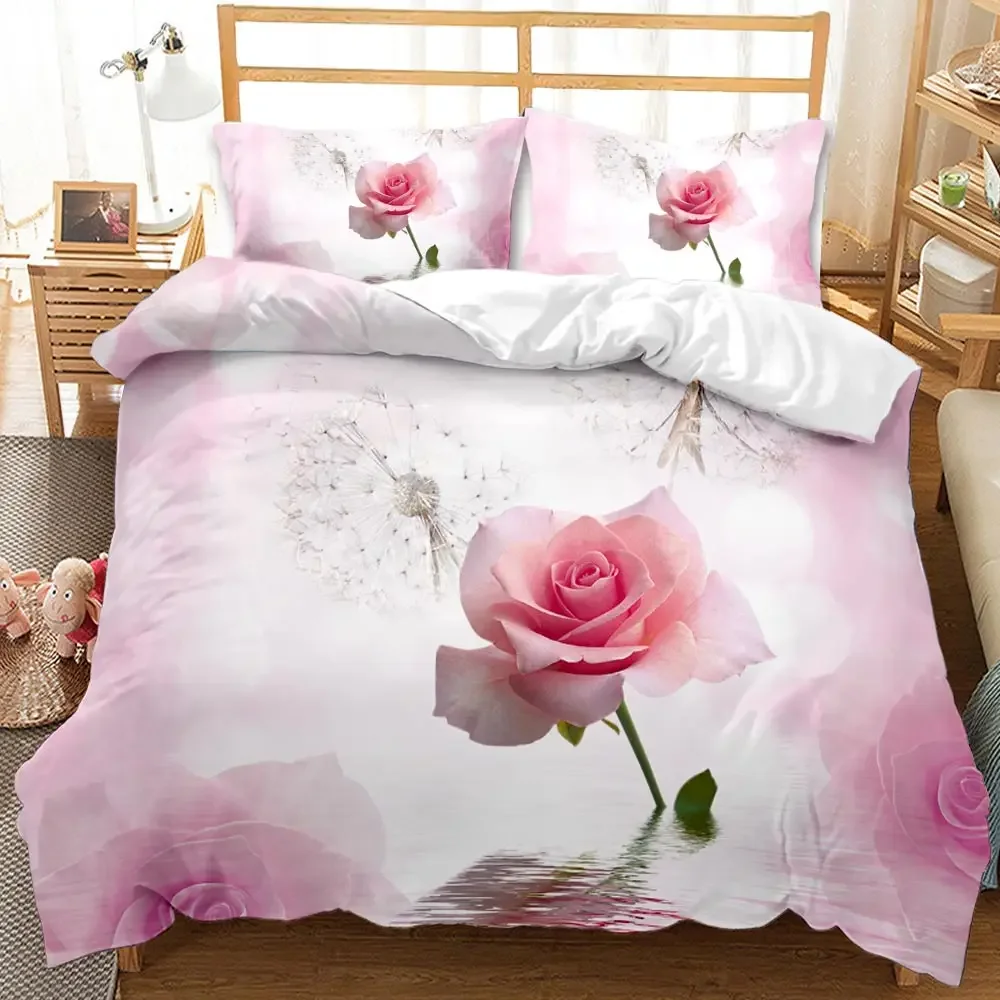 Rose Duvet Cover Set Full/Queen/King/Twin Size Soft Luxury 3D Rose Flower Microfiber Bedding Set Romantic Love Pink Quilt Cover