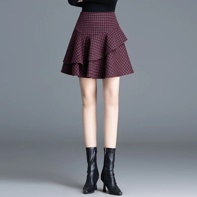 

Red Plaid Skirt Women's High Waist Slimming Woolen ort Skirt Anti-Light Walking Korean Sle f Body Skirt