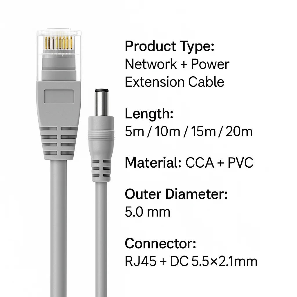 Winter 2-in-1 Network & DC Power Cable 5m-20m Durable Stable Transmission For CCTV System NVR Switch Long-Distance Installations