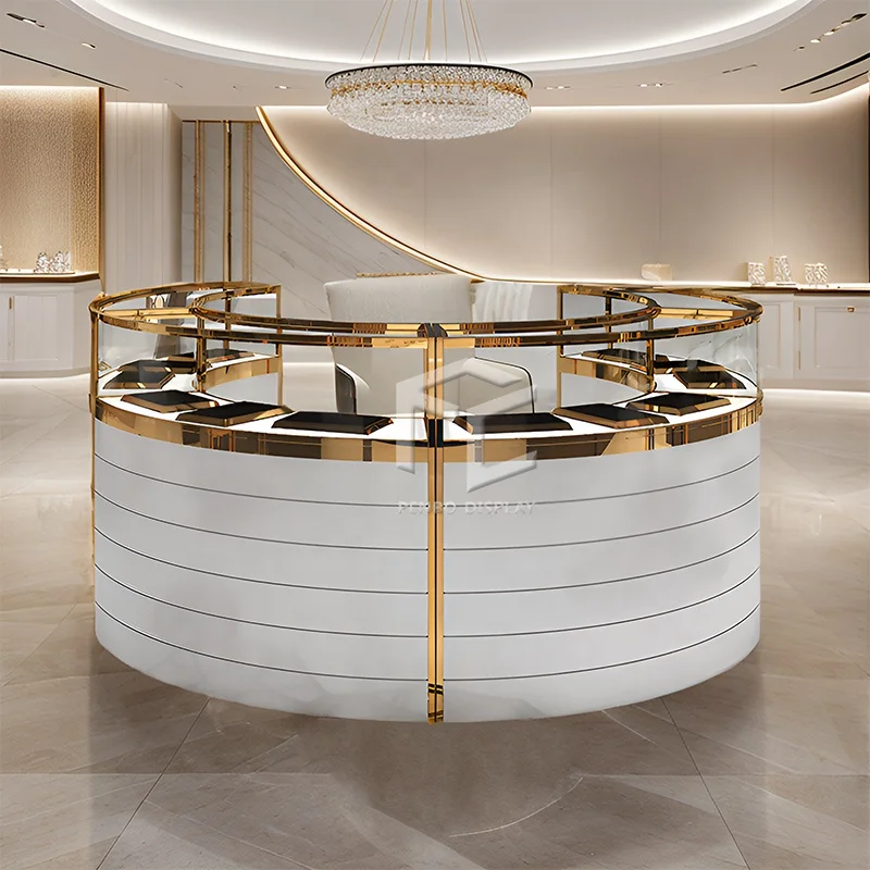 Customized product、High End Custom Jewelry Store Furniture Glass Curve Jewelry Showcases Round Jewelry Showcase With Cabinet