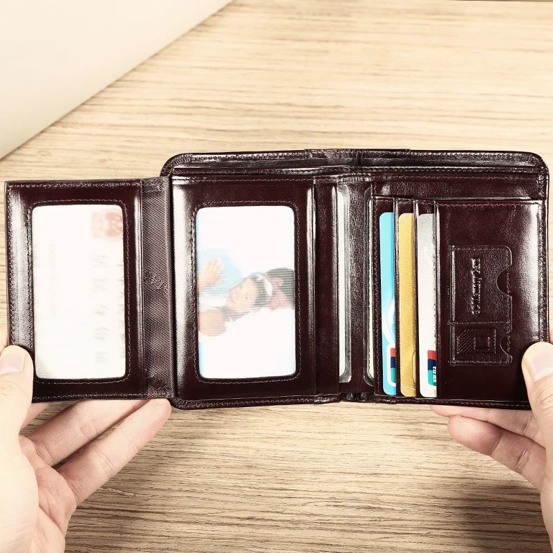 Portfel męski MANBANG Luxury, cienki, z prawdziwej skóry bydlęcej, z ochroną RFID, składany na trzy części, krótki portfel dla mężczyzn z okienkiem na identyfikator i przegródkami na karty kredytowe. — zdjęcie 6