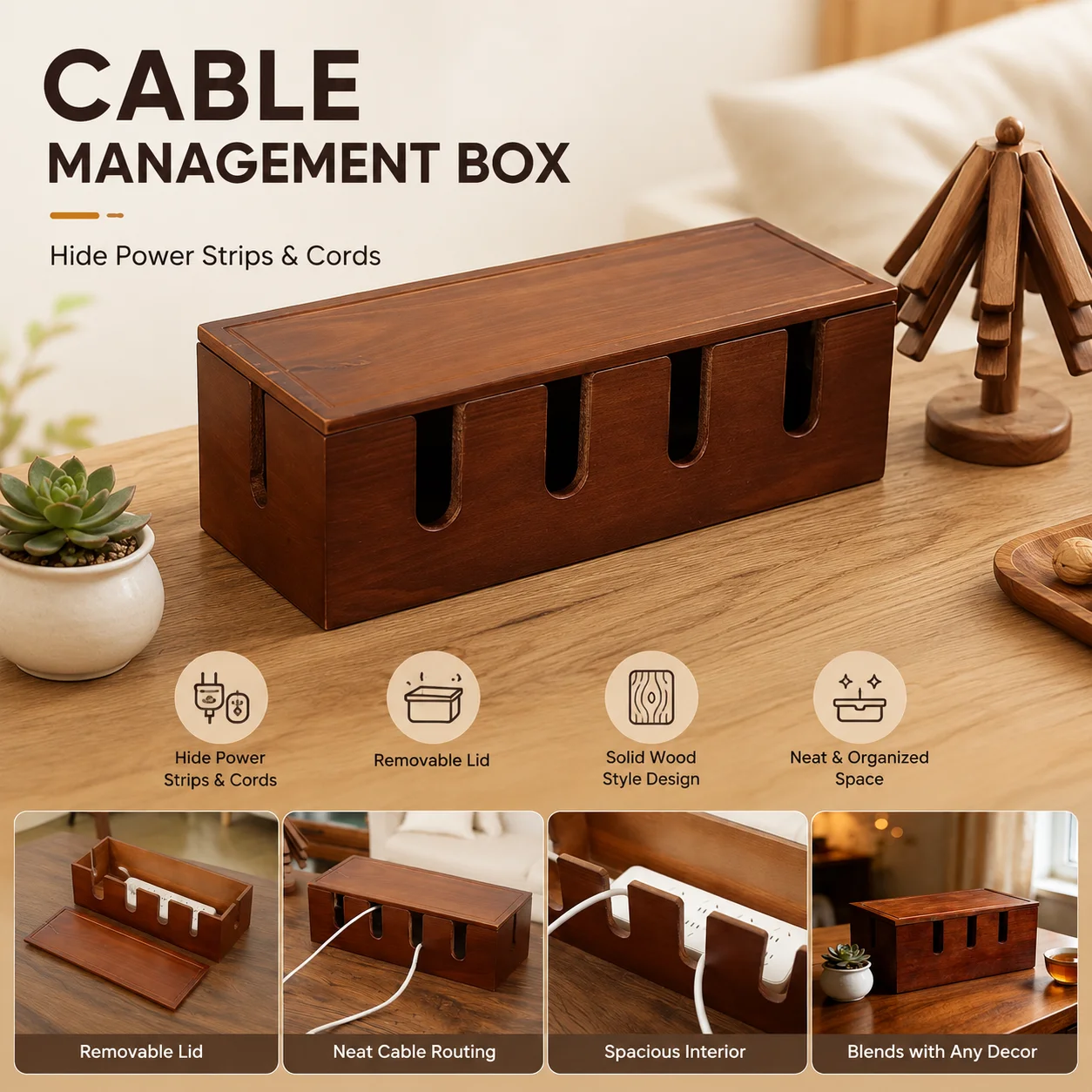 Wooden Cable Organizer Box for Power Strips & Cords product image