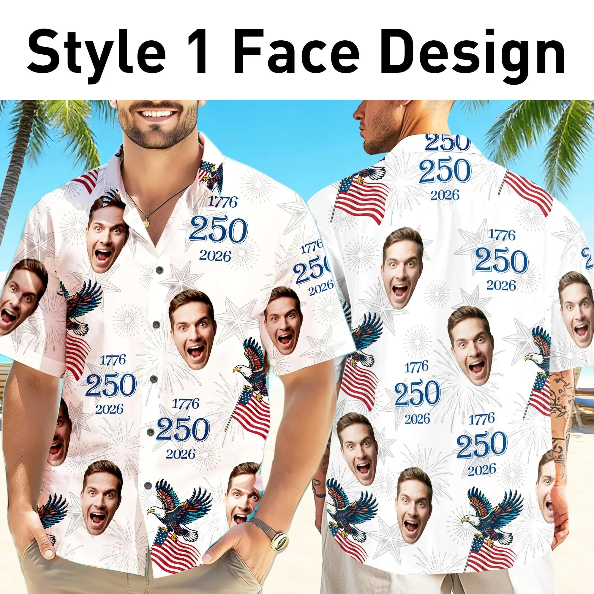 

New Personalized Face USA 250 Anniversary 1776-2026 Hawaiian Shirt Custom Family America 250th Button Shirt DIY Photo