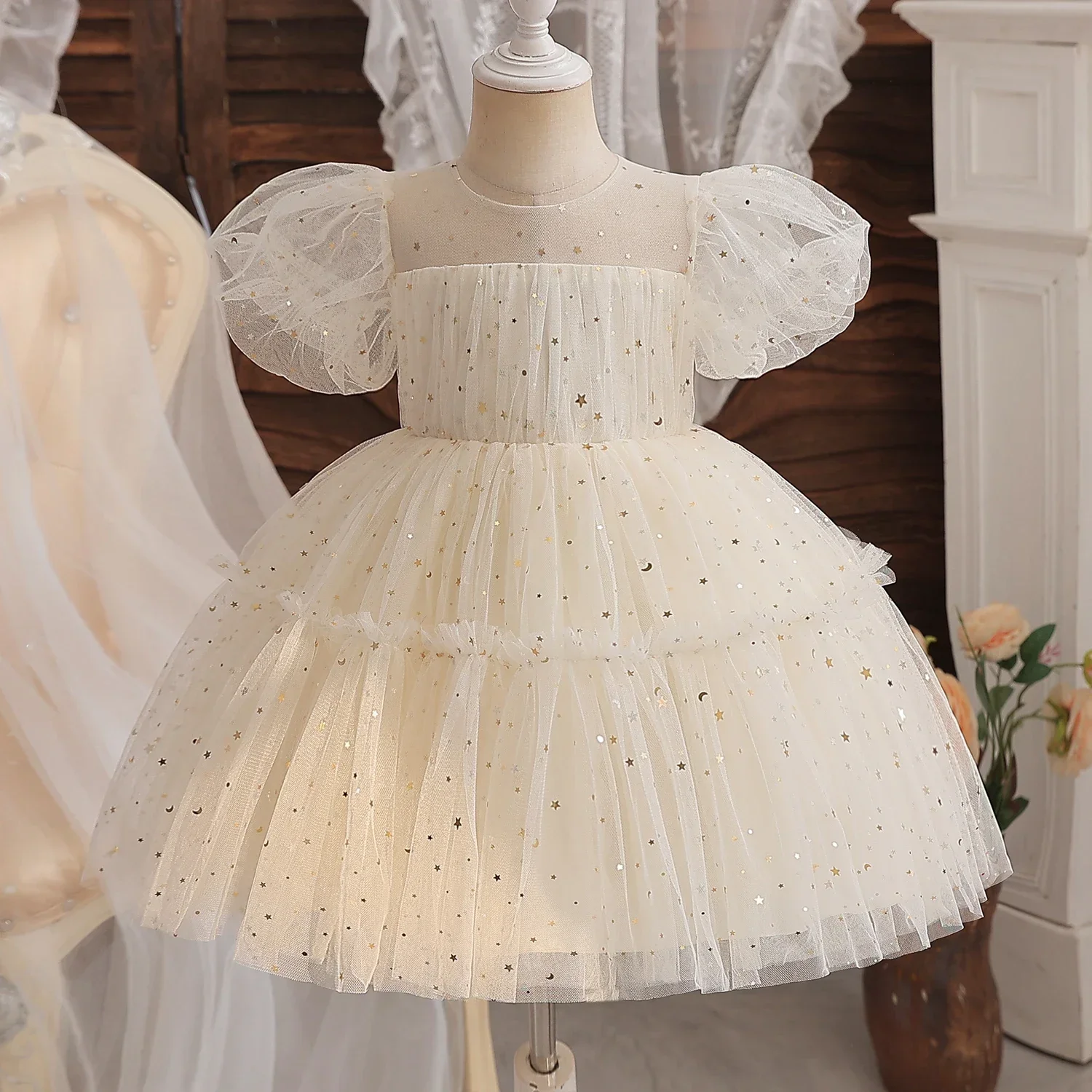 Baby Champagne Baptism Dress Cute Girl Sequin Puff Sleeve Fairy Ball Gown Newborn 1 Year Birthday Outfit Kids Formal Party Gown