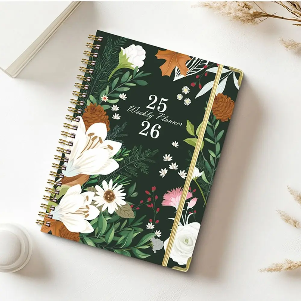 12 Months A5 Agenda Book To Do List Colorful Flower Pattern English Notebook Portable Taking Notes Binder Coil Notebook Business