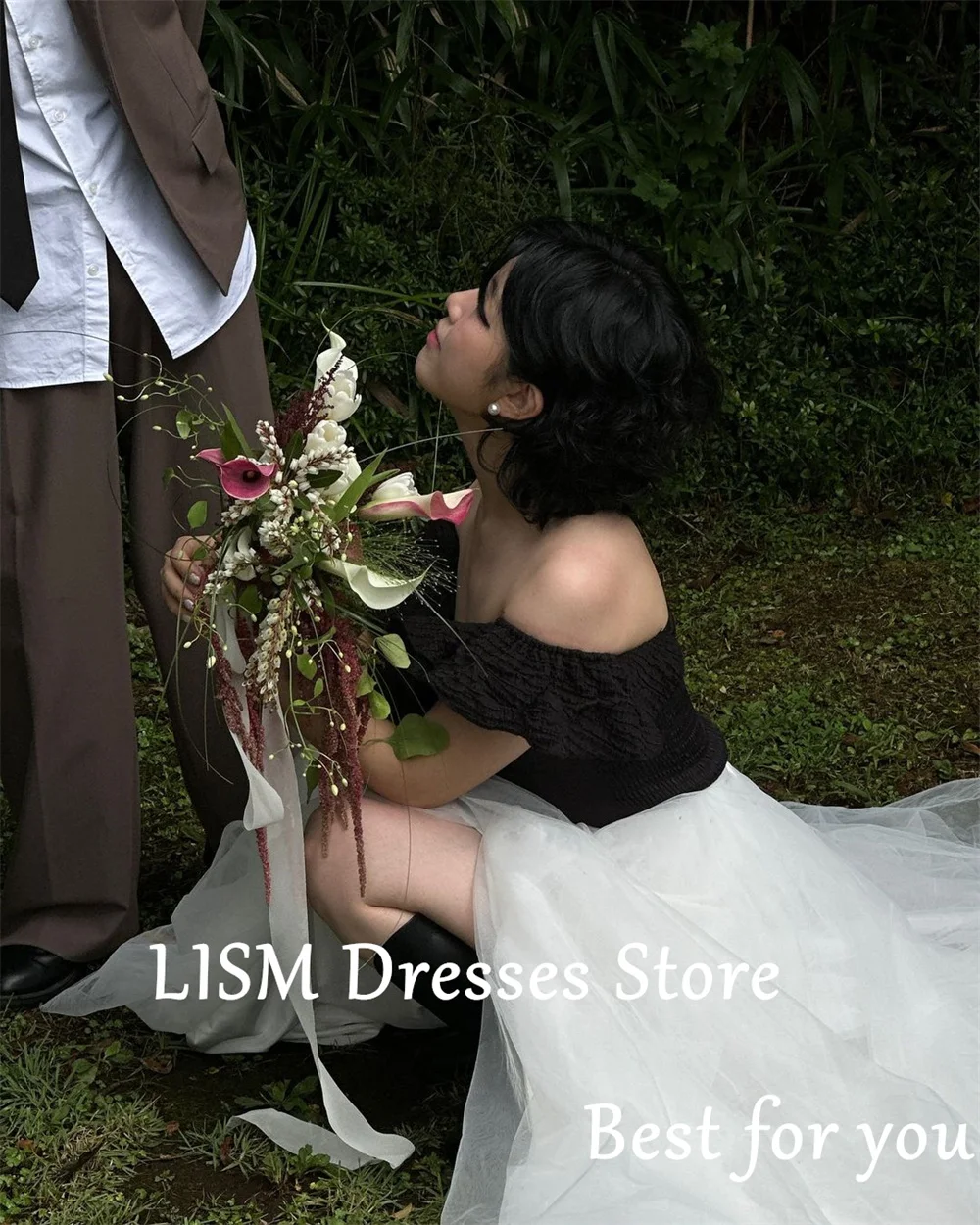 LISM Contrast Color Off the Shoulder Wedding Dresses Korean Women Photoshoot 2025 A-line Floor Length Bride Gown Custom Made