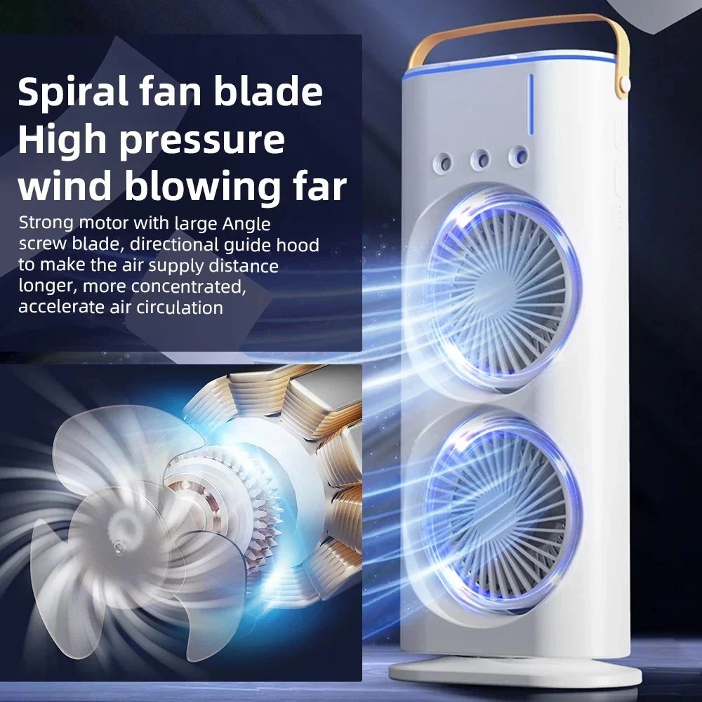 Dual Head Spray Tower Fan with Control Mis Humidifier Rechargeable Desk Fan with 3 Wind Speed For Home Office Travel Camping