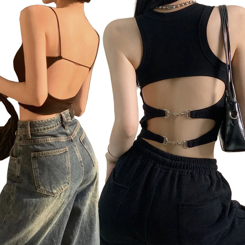 2023 Sexy Club Backless Crop Top Women's Strap vest Summer Black Tanktop with inner Short Slim Fit Tank Top outerwear tops