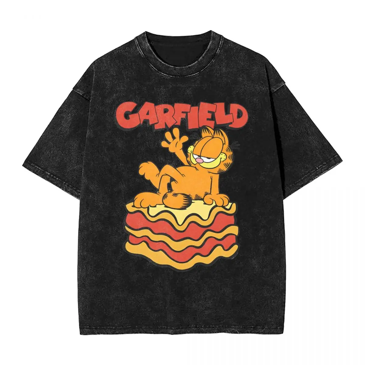 G-Garfielded Lasagna Slice Pose Washed T Shirts Streetwear Hip Hop Vintage T-Shirt Cute Cartoon Tees Men Women Cotton Harajuku