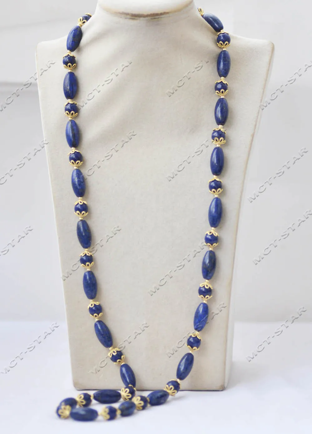 Z13384 34'' 20mm Blue Rice Round Lapis-Lazuli Gold Plated Petal Necklace Custom Jewelry