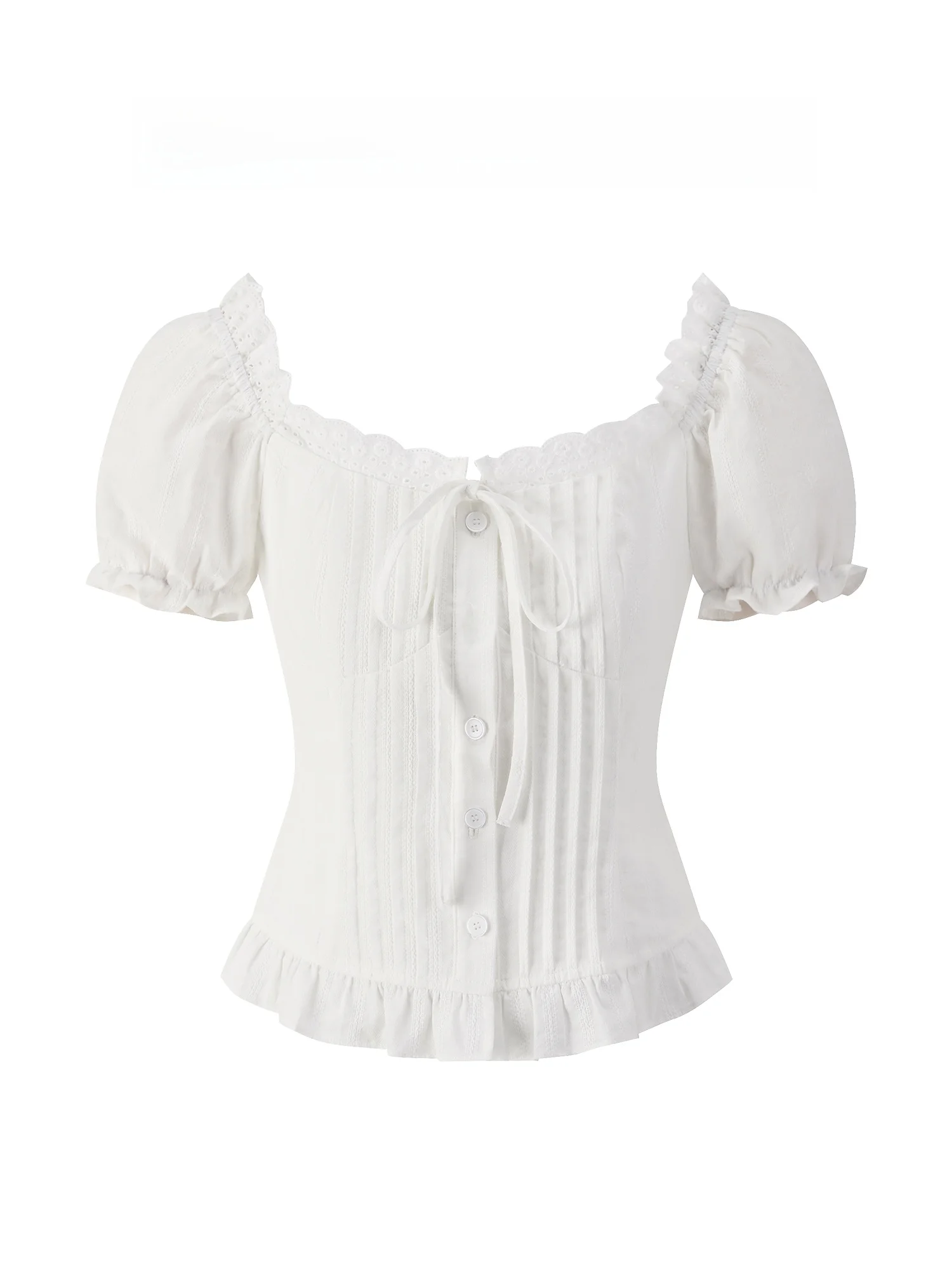 

Белая женская приталенная блузка с коротким рукавом и кружевной отделкой, новинка 2025 года, в корейском стиле, из хлопка, для повседневной носки, модный укороченный топ