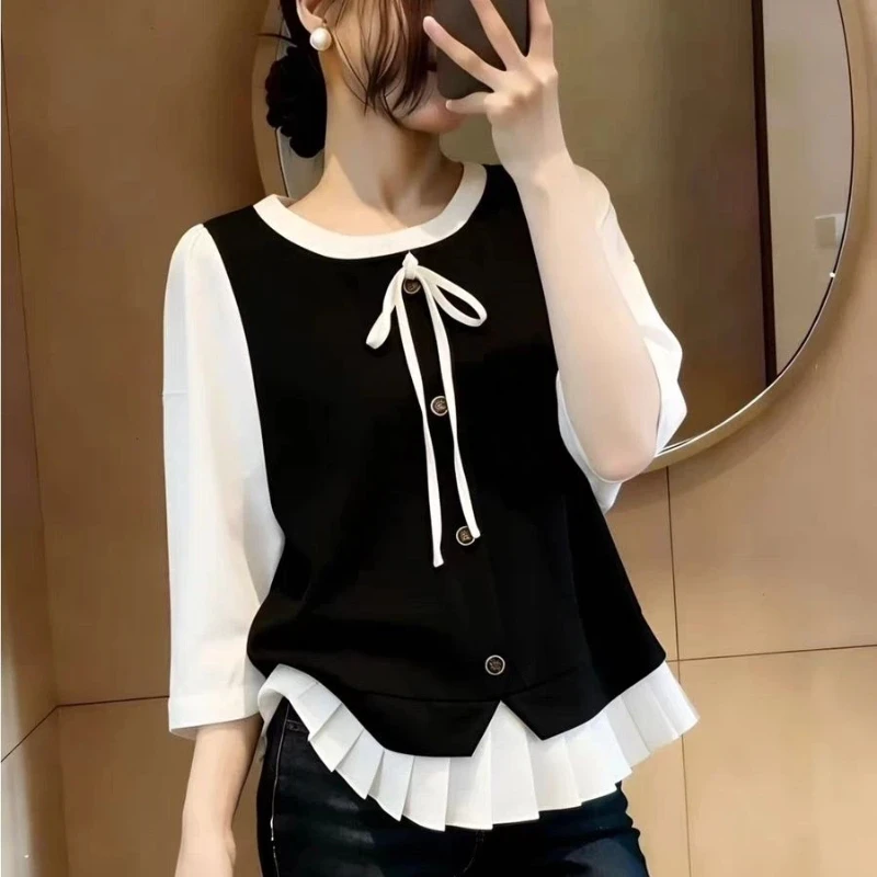 

Bow Fake Two-piece Contrast Patchwork Temperament Blouse Spring Summer Plus Size Casual Shirt Tops Fashion Office Women Clothing