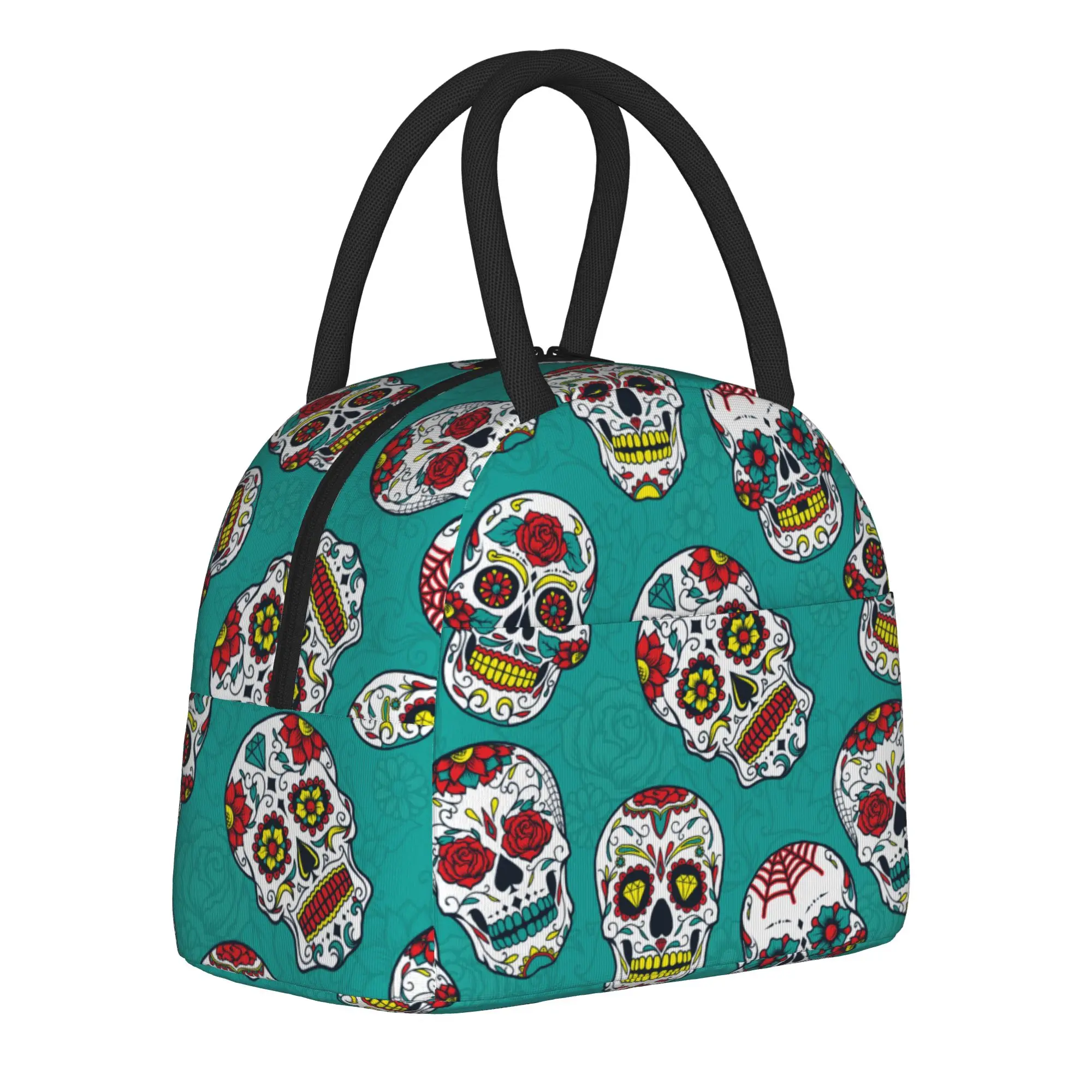 

Day Of The Dead Sugar Skull Insulated Lunch Bags Portable Floral Ornament Flower Lunch Container Thermal Bag Tote Lunch Box