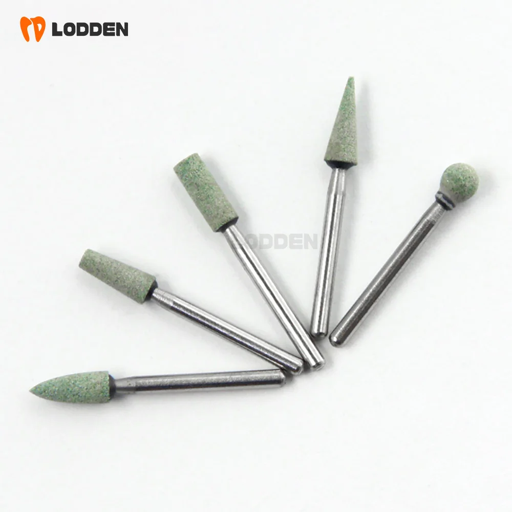 LODDEN 5pcs/box Green Stone Dental Polishing Metal Burs Cone/Flame/Round Shape Abrasion Drills FG for Grinding Ceramics Tools