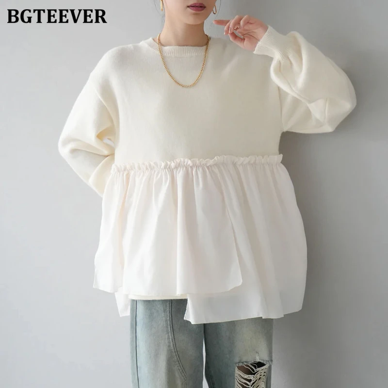 BGTEEVER Casual Lose Oansatz Weibliche Gestrickte Pullover Tops Frühling Herbst Stilvolle Lange Hülse Frauen Unregelmäßige Pullover Jumper