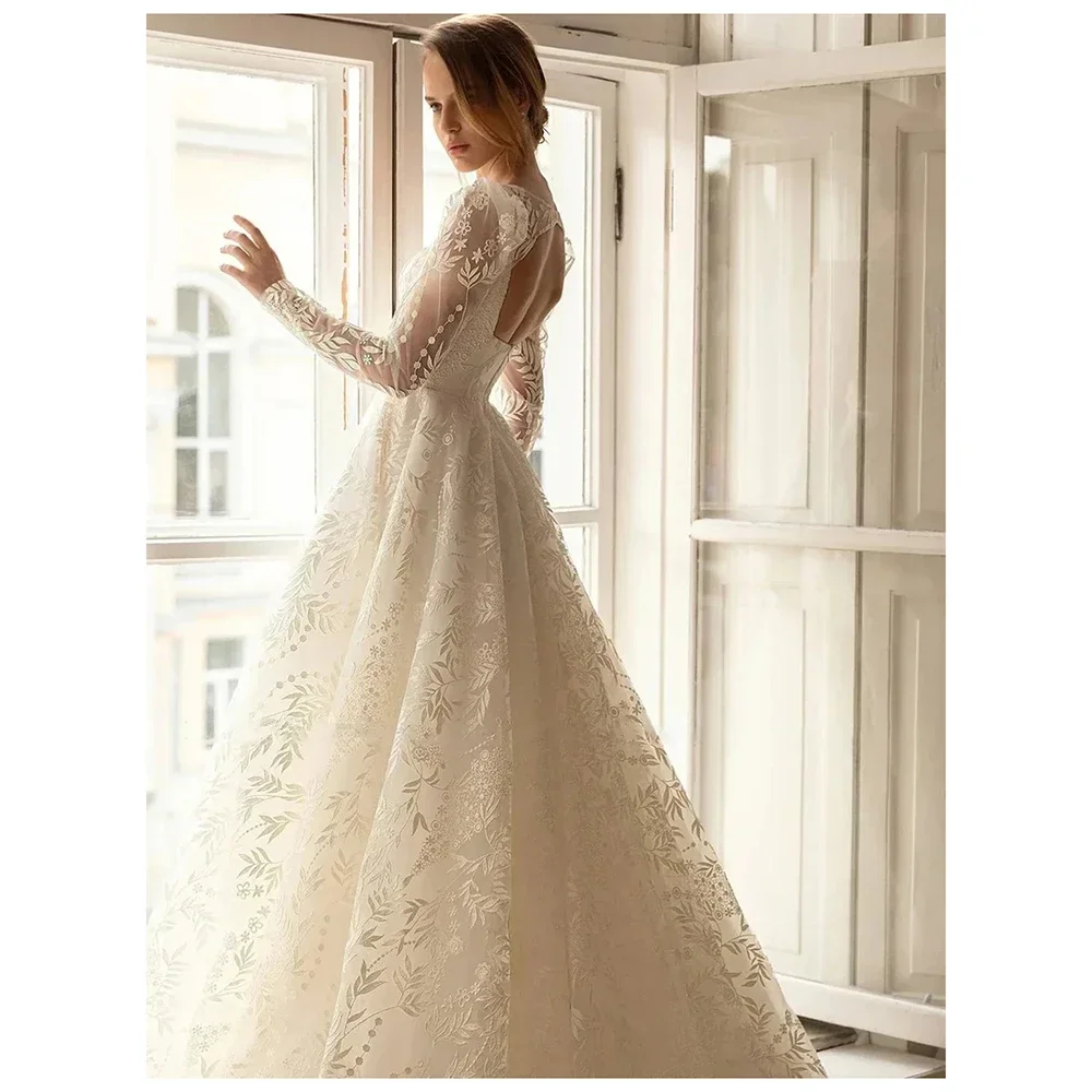 Flavinke customized Detachable Long Sleeve Lace Wedding Dresses 2025 Woman Ballgown Square Neck Bride Dresses Vestidos De Novia