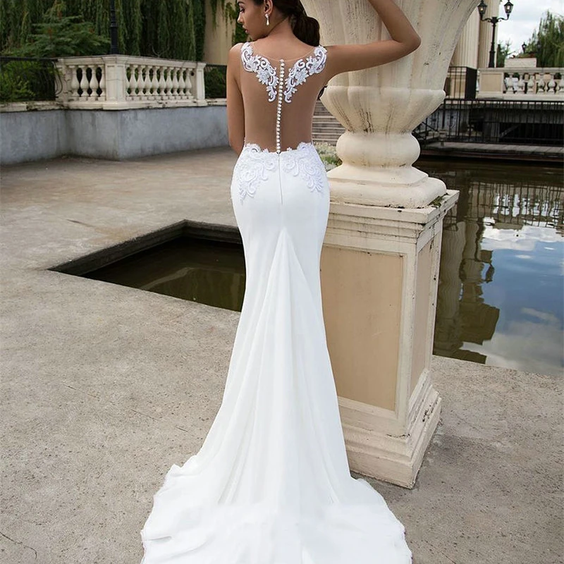 

Elegant Mermaid Wedding Dresses 2023 Long Beach Bridal Dress Sexy Illusion Back Boho White Lace Bride Dress Vestidos De Novia