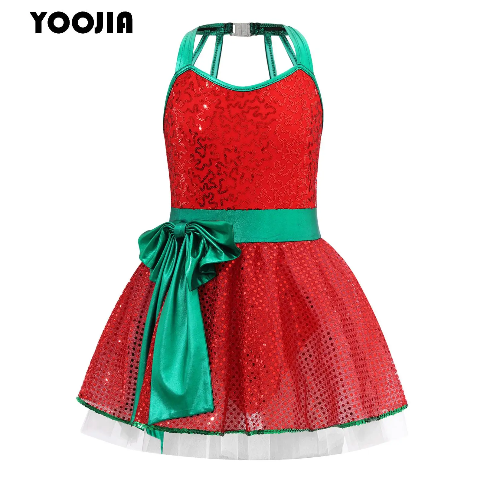 

Kids Girls Christmas Dance Costume Sleeveless Bowknot Sequin Mesh Tutu Ballet Dance Figure Ice Skating Performance Leotard Dress