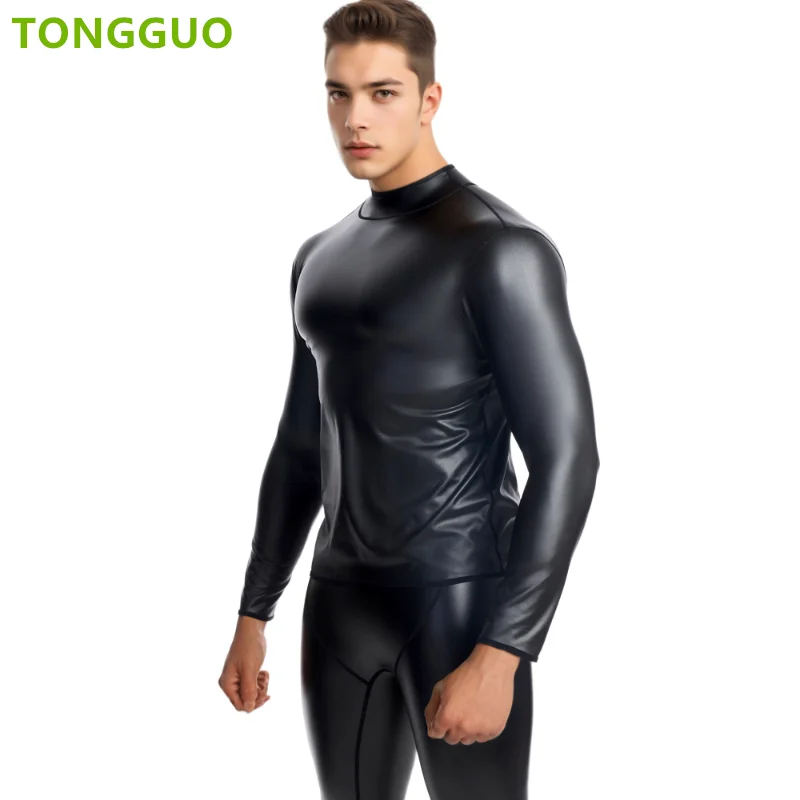 Cool guy New Stand collar Long Sleeve Body Shapers Leather Tshirt Underwear Waist Trainer Corsets Tummy Shapewear Leather Shirts