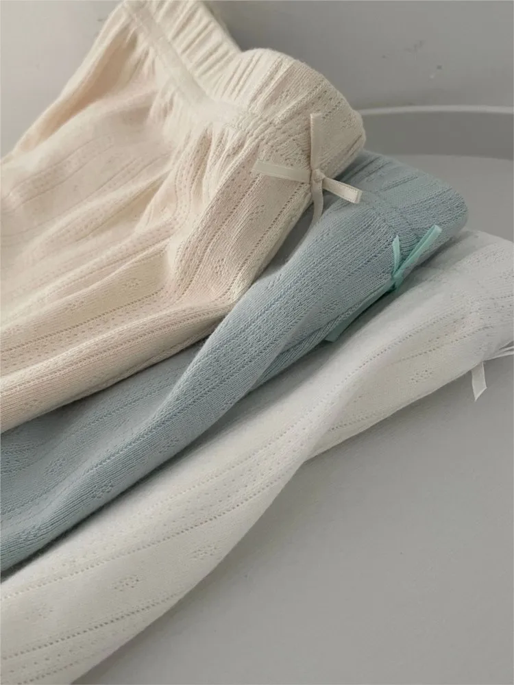 Słodkie Szorty Dresowe z Oczkami, Prosta Kokarda, Damskie Letnie Nowe Elastyczne Spodenki Bawełniane, Codzienne Gładkie Podstawowe Szorty Domowe Piżamowe Y2K