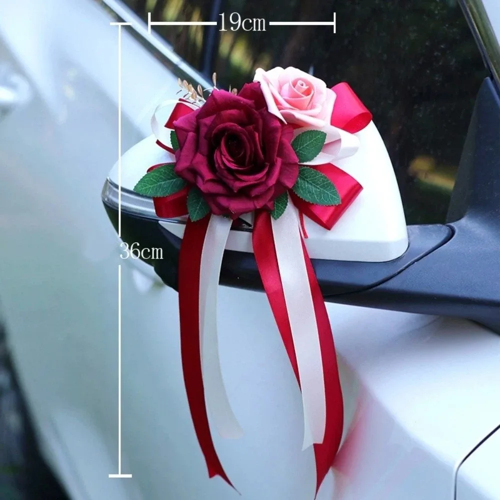 Retro Bow Wedding Car Decoration Wedding Party Luxury Rearview Mirror Decoration Simulation Flower Flower Decoration