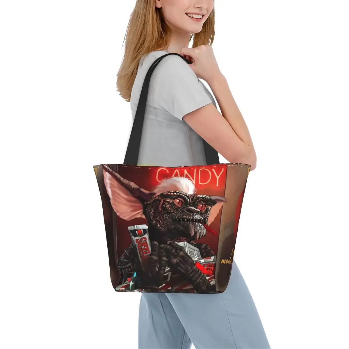 Gremlins Art Groceries Sacolas de compras para as Mulheres, Moda Canvas Shoulder Shopper Bag, Bolsa de Grande Capacidade, Listra