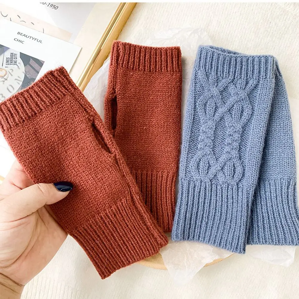 Fingerless Mittens Driving Gloves Elastic Solid Color Plus Velvet Knitted Mittens Half-finger Gloves Female Gloves Twist Gloves