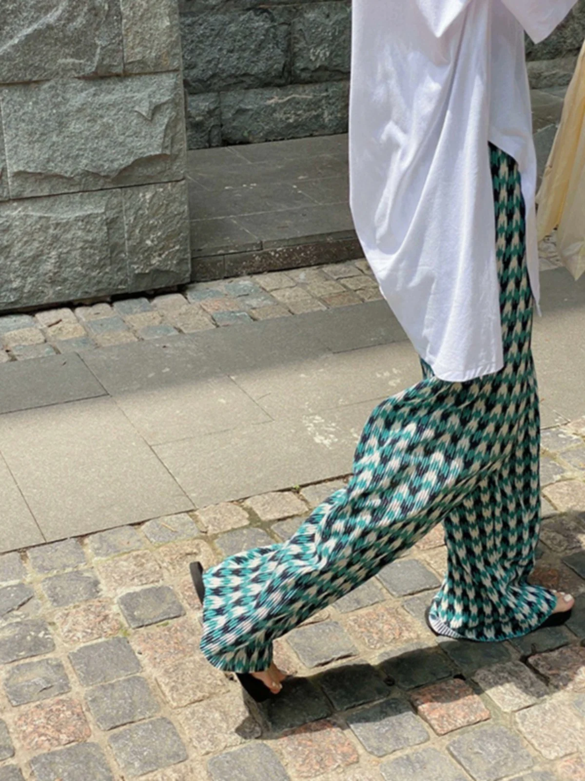 Pantalon à jambes larges en soie glacée pour femmes, Plaid fin, décontracté, en mousseline de soie, frais, climatisation, Protection solaire, pantalon plié, été