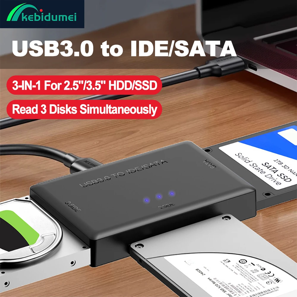 Cable convertidor adaptador de disco duro USB 3,0 a SATA IDE para 3,5 pulgadas 2,5 pulgadas HDD/SSD CD DVD ROM CD-RW 3 en 1 adaptador USB IDE SATA