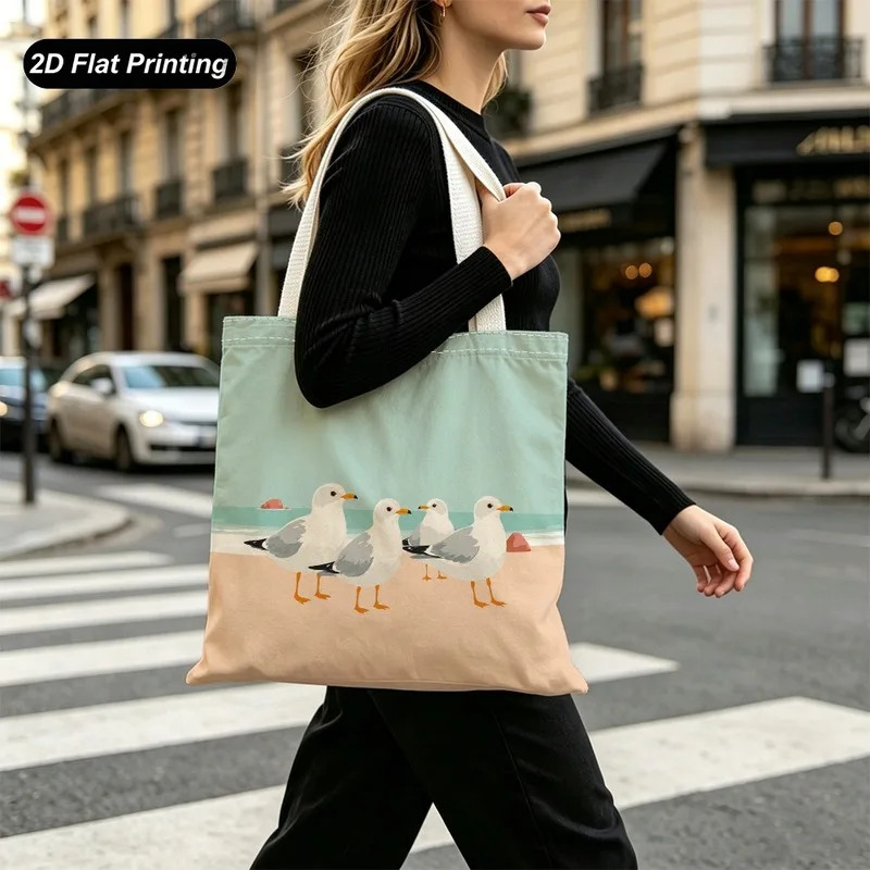 1PC【Tote Bag】2DFlat effect，Beach seagull print pattern，Large-capacity casual style，Adapted shopping、Daily Commute、Walking、Sh