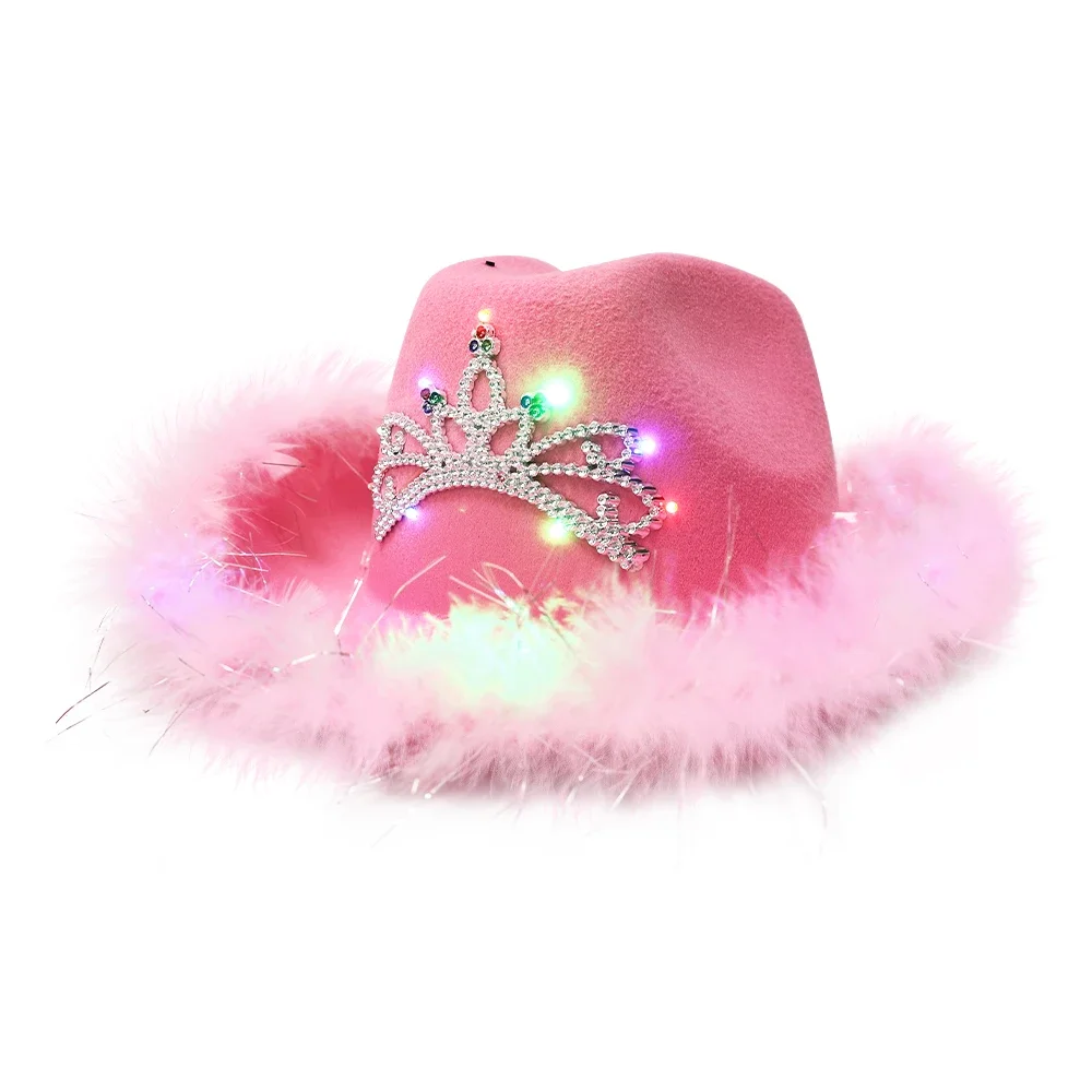 Western Cowboy Caps Pink Cowgirl Hat for Women Girl Tiara glow Cowgirl Hat Holiday Costume Party Hat Feather Edge Fedora Cap