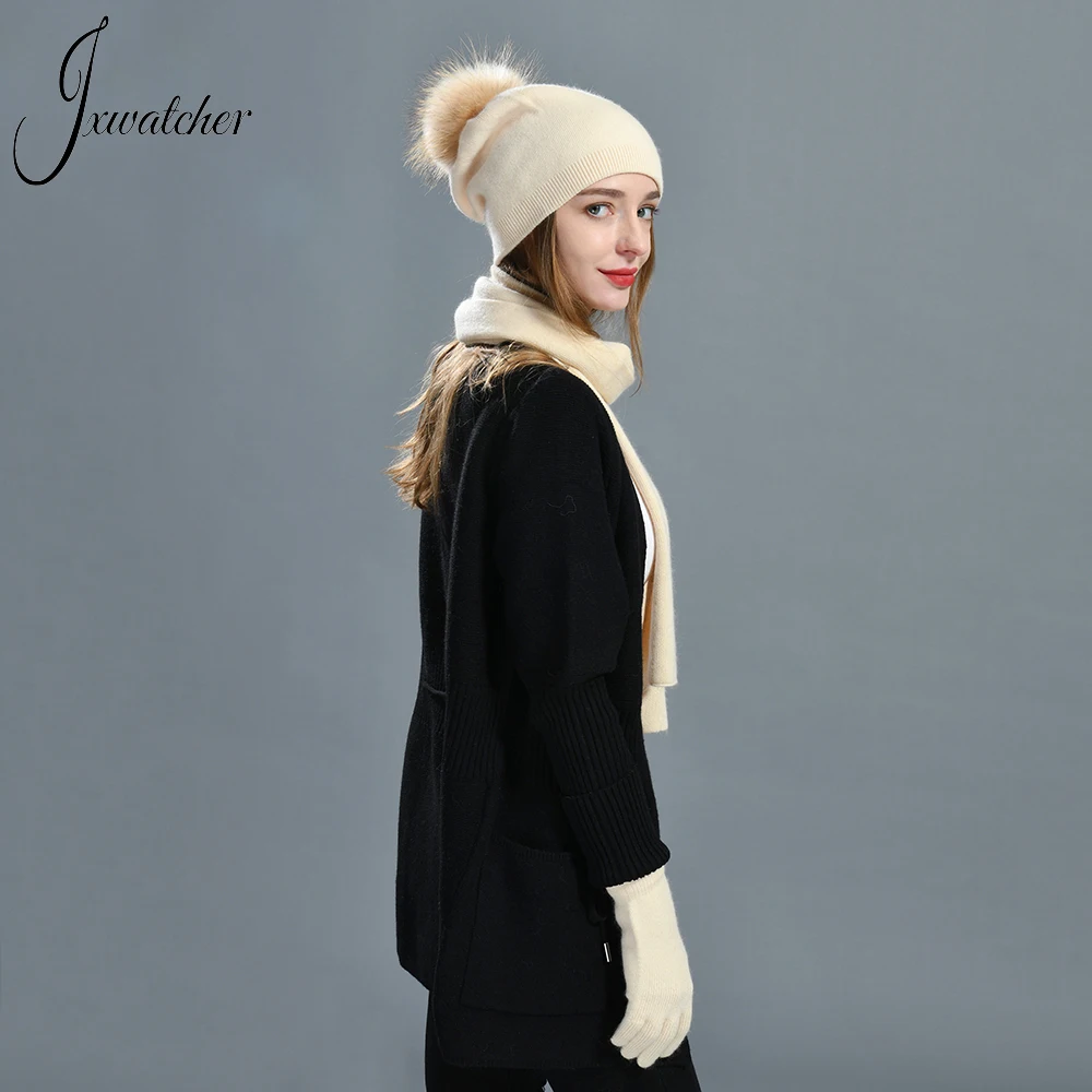 Jxwatcher-Luvas e cachecol de inverno para mulheres, camada dupla, lã de caxemira, gorro de malha, mitten macio, xale longo, 3 peças