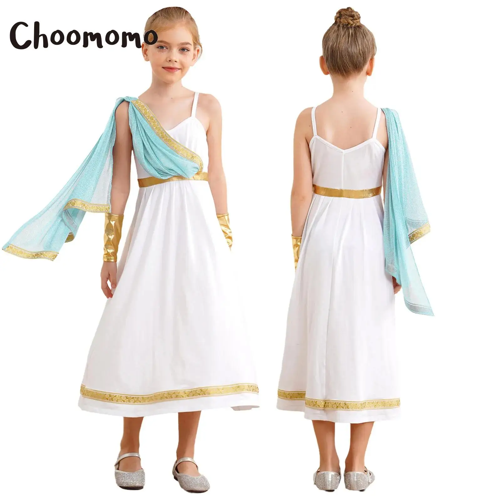 

Kids Girls Ancient Greek Princess Cosplay Costume High Waist Halloween Cami Dress Golden Embroidery Dress Up with Arm Sleeve
