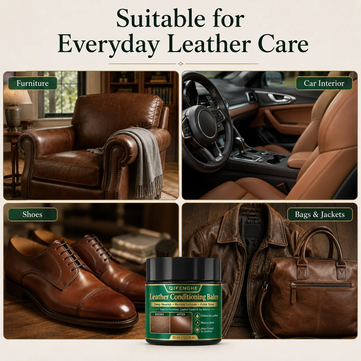 Leather Balm for Furniture & Auto Interior, 30ml Deep Conditioning Cream, Softens & Polishes Dry Leather