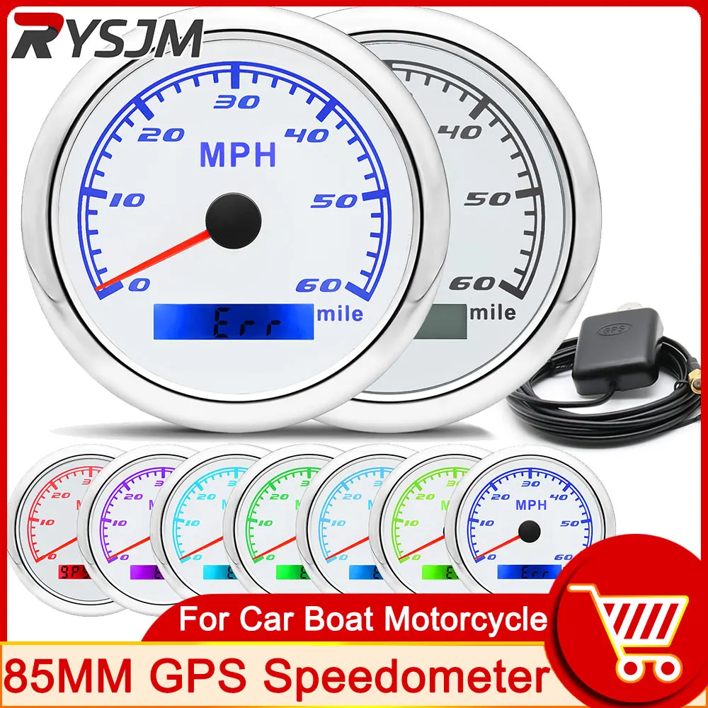 HD 85mm GPS Speedometer 30 60 120 MPH 7 Colors Backlight with GPS Antenna Odometer Mile Speed Gauge for Car Boat Marine Motor