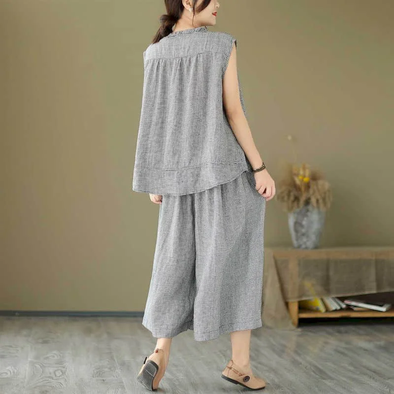 Plaid Pants Sets Casual Loose Cotton Linen Sleeveless O-neck Tops and Wide Leg Pants Korean Style Two Piece Sets Women Outfits