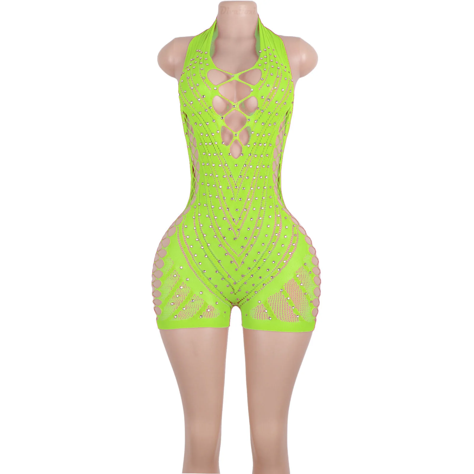 Exotic Dancewear Shiny Backless Bodysuit With Glitter Diamond Shorts Set Stylish Dancer Outfits Sexy Club Performance Apparel