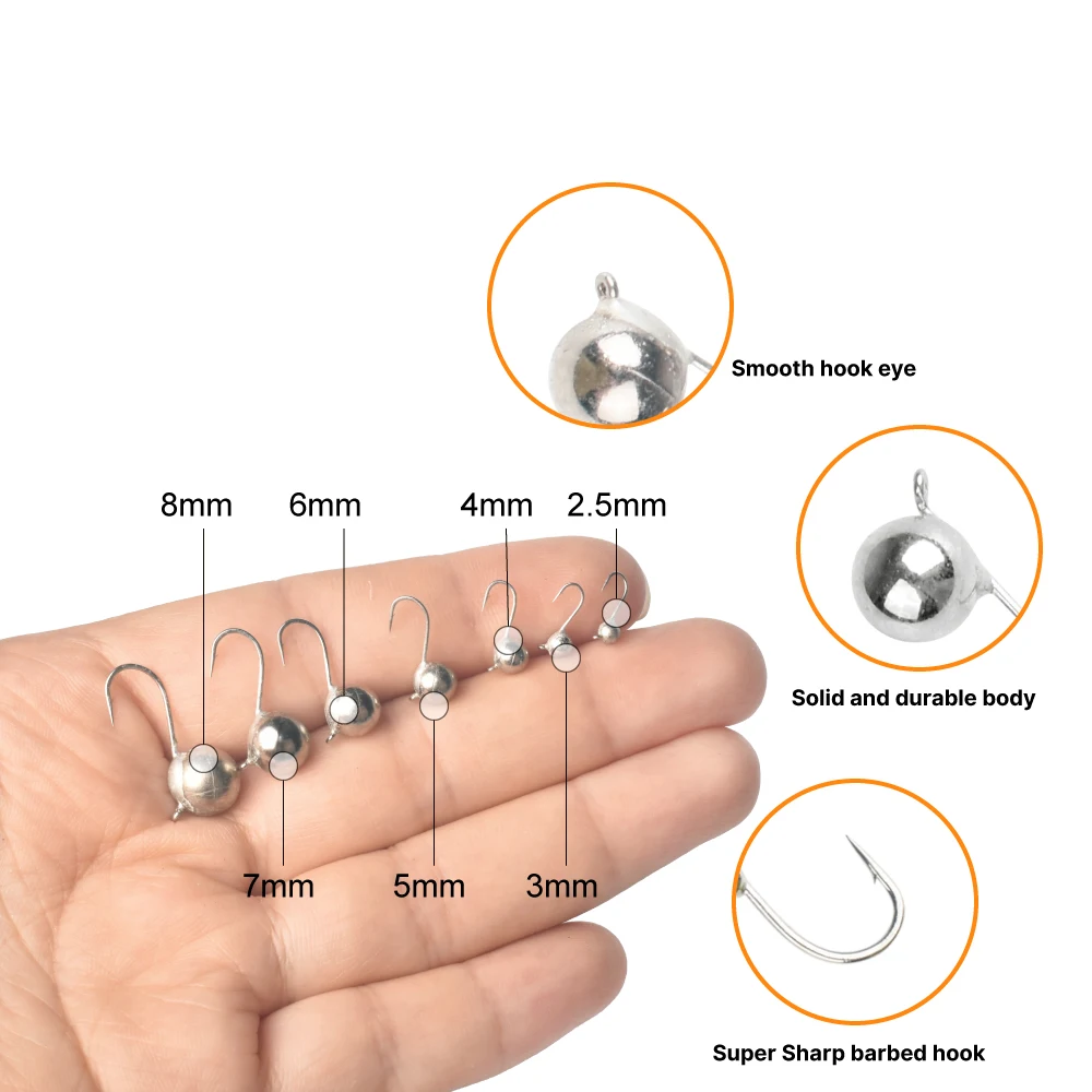 MUUNN 5pcs Ice Fishing Jigs Heads,Ball Ice Hooks,2.5mm~8.0mm,Perch Trout Sunfish Fishing Lure Tackel