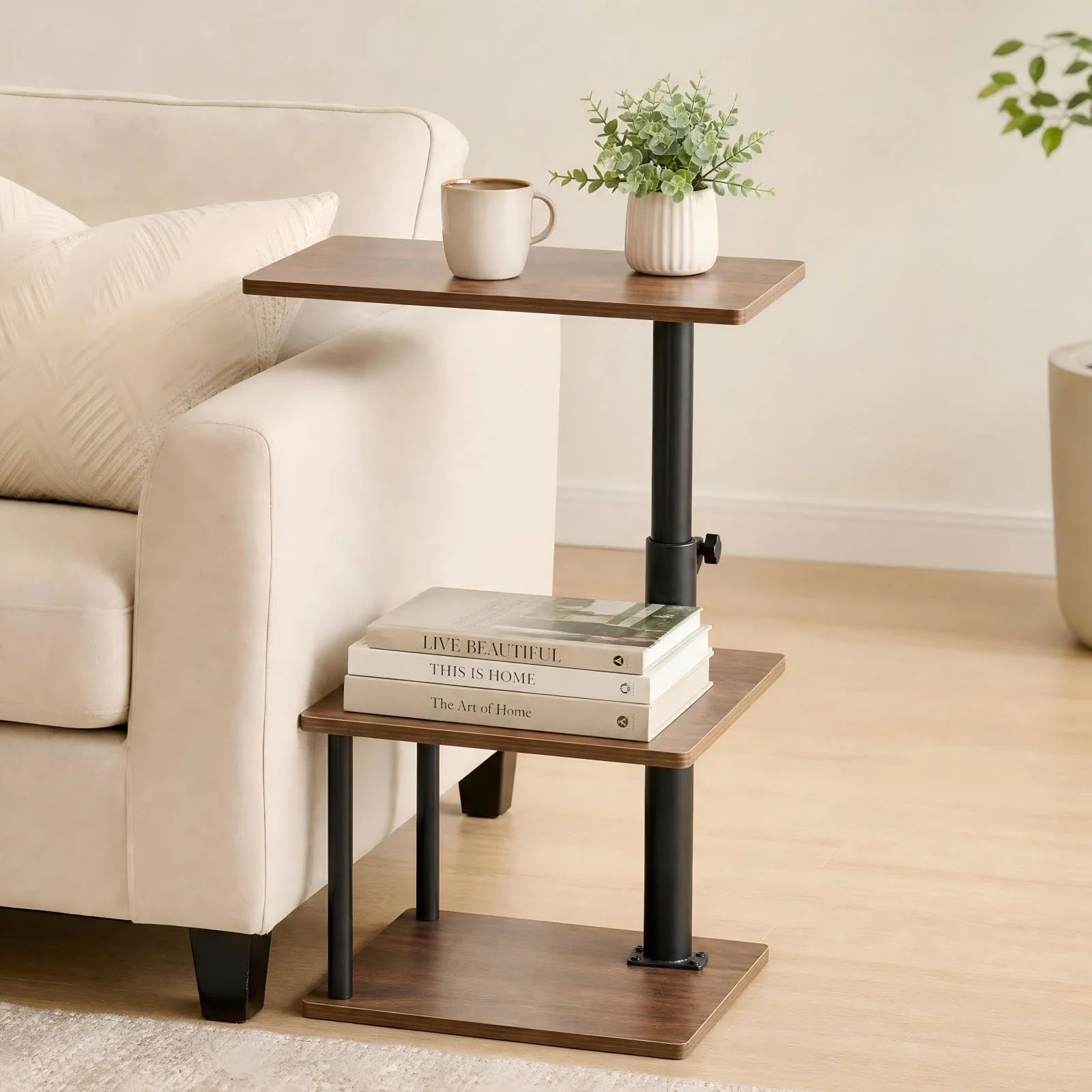 C-Shaped Swivel Side Table with Adjustable Height & Storage, 360° Rotating Sofa & Bedside Table, Mobile Couch End Table for Living Room, Bedroom & Small Spaces