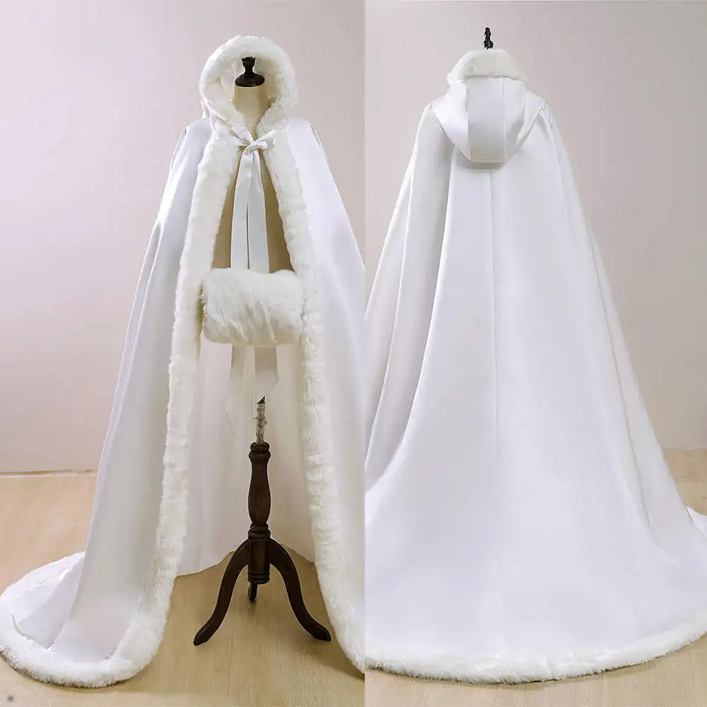 

Warm Long Wedding Cape With Hooded Women Cloak Winter Faux Fur Bridal Cover Up Cape For Photo Shoot Wedding Accessories