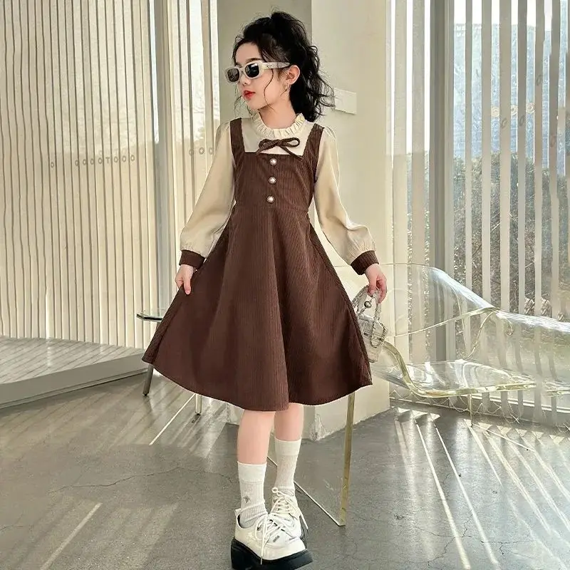 

Girls' Faux Two-Piece Dress New Spring and Autumn Style for Older Children and Little Girls French Retro Fashionable Princess Dr