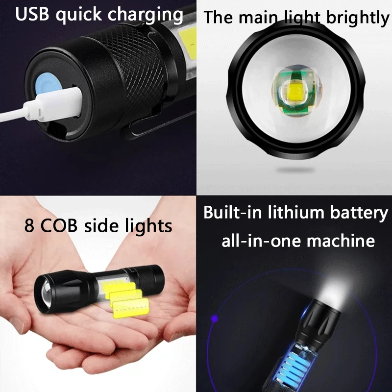 Lampe de poche LED aste USB, torche, déterminer, minuscule, portable, lampe de poche, budgétaire latéral, zoomable, camping