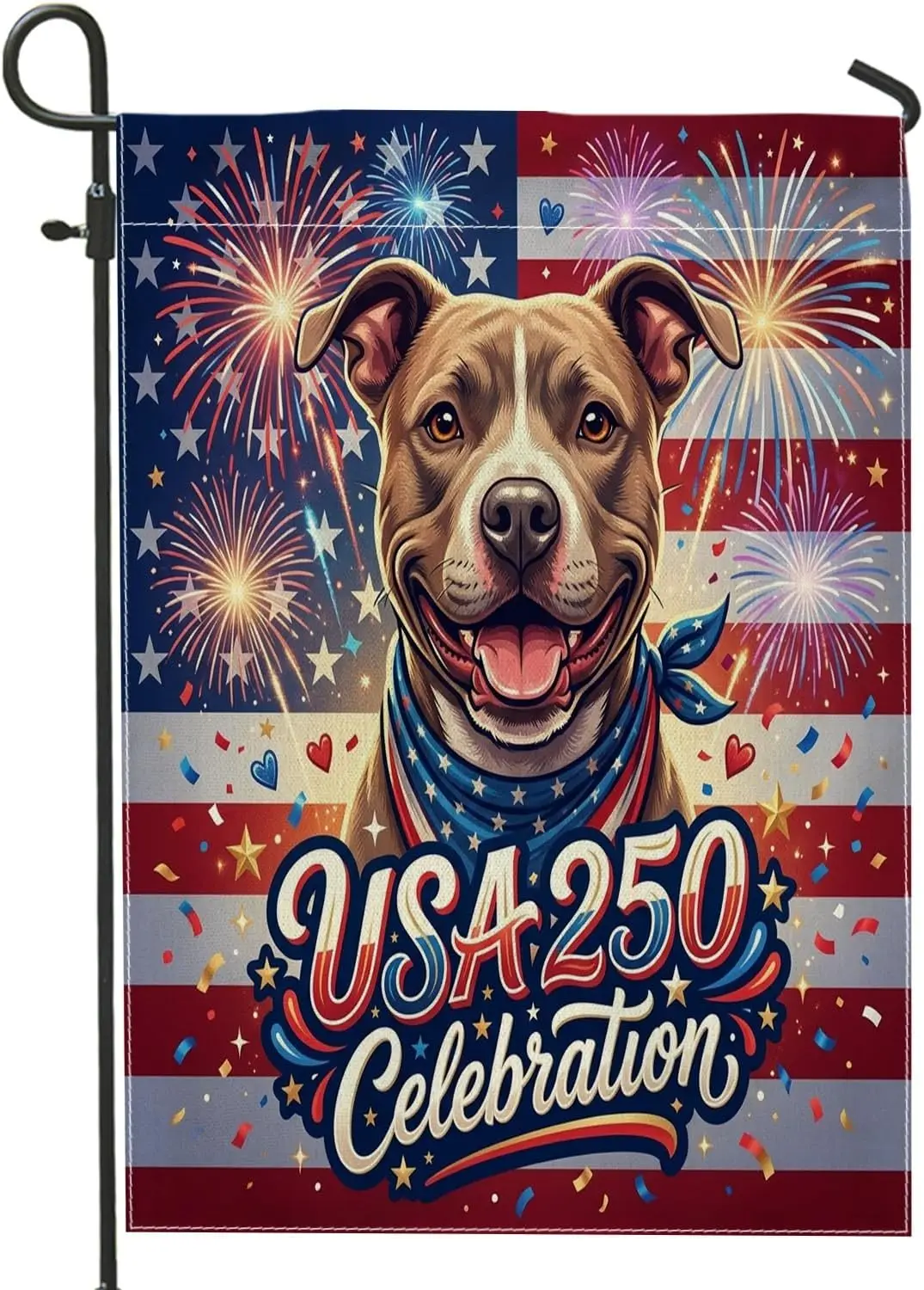 250 Years Pitbull Dog Front Yard Backyard Burlap Garden Flags 12x18 Double Sided for Outside, 4th of July Patriotic Pattern  AAM