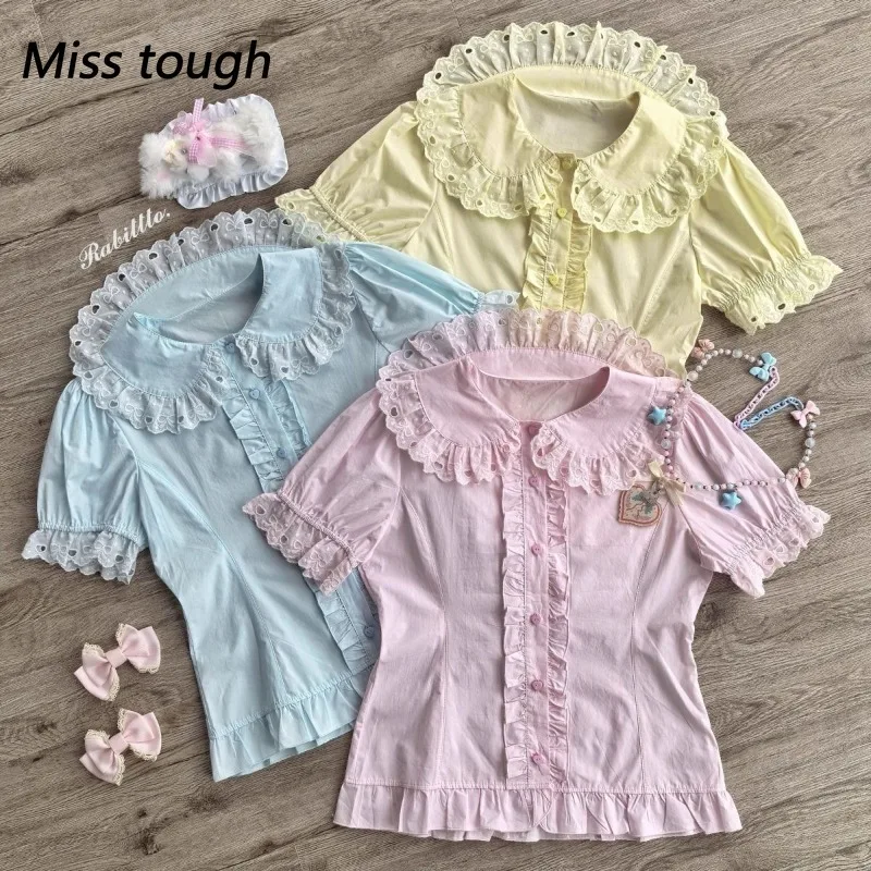 

Зимние женские блузки в японском стиле Лолиты, корейская мода, милый кавайный дизайн с кукольным воротником, кружевные топы, женская футболка, женская одежда