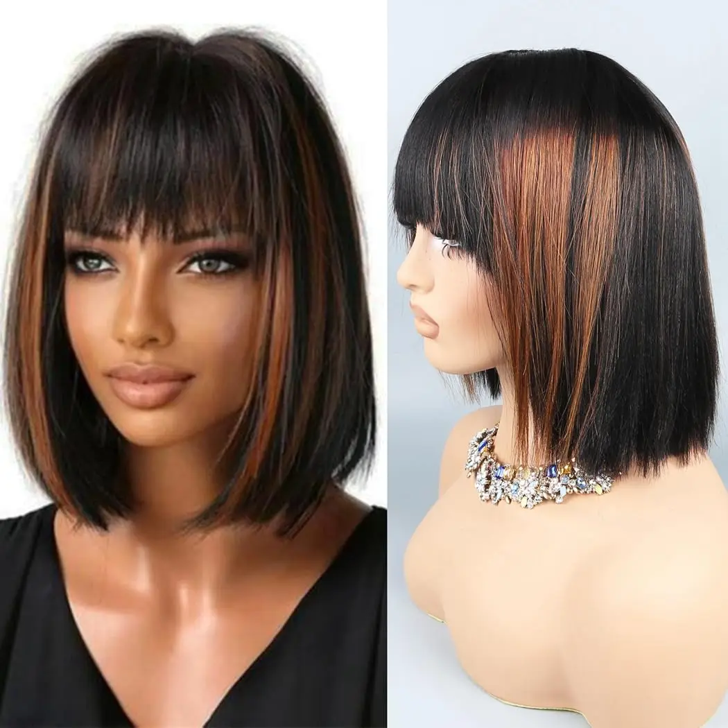 Put On and Go Realistic Yaki Straight Short Bob with Bangs Minimalist 3X1 Lace Wig 100% Human Hair Brown Highlight For Women